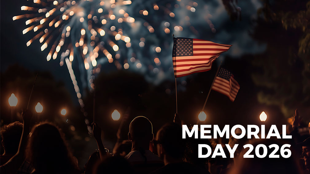 Graphic showing photo of people holding United Sates flags and watching fireworks with overlaying white sans-serif type