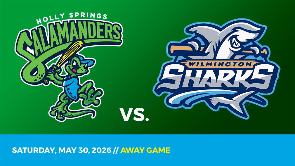 Graphic showing Holly Springs Salamanders and Wilmington Sharks logos over green gradient and blue bottom border with game date and location