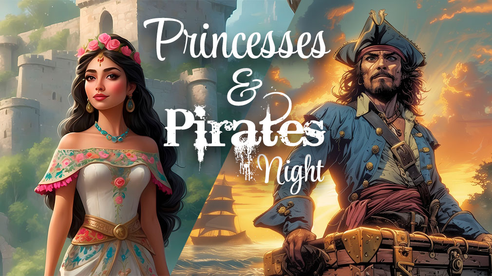 Graphic showing illustrations of a princess and a pirate with overlaying white serif and sans-serif type