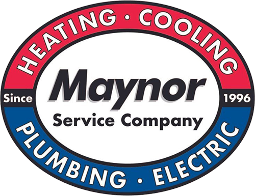 Maynor Services Company Logo - Black and white sans-serif type inside red and blue oval