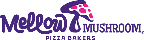 Mellow Mushroom Logo - Purple script and serif type with purple and pink mushroom icon in center