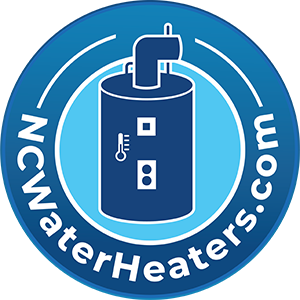 NC Waterheaters Logo - White sans-serif type and water heater icon inside blue circle