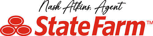 Nash Atkins State Farm Logo - Red sans-serif type with 3 ovals to left and black script type above