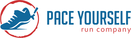 Pace Yourself Run Company Logo - Blue and red sans-serif type with shoe icon to left