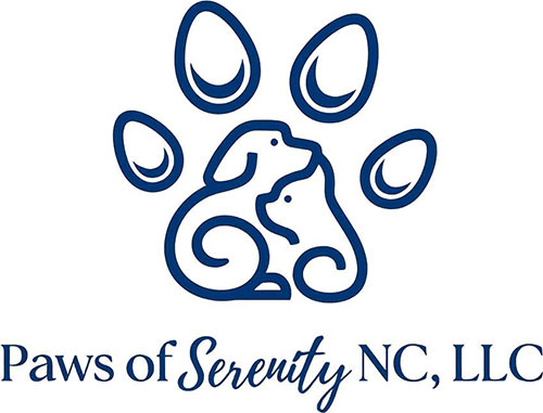 Paws Of Serenity Logo - Navy blue script and serif type with dog and cat making a paw print icon above