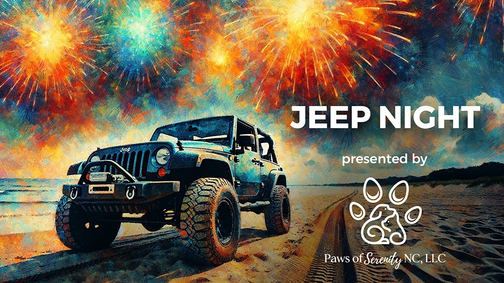 Graphic showing painting of a Jeep with fireworks in background and overlaying white sans-serif type with Paws of Serenity logo