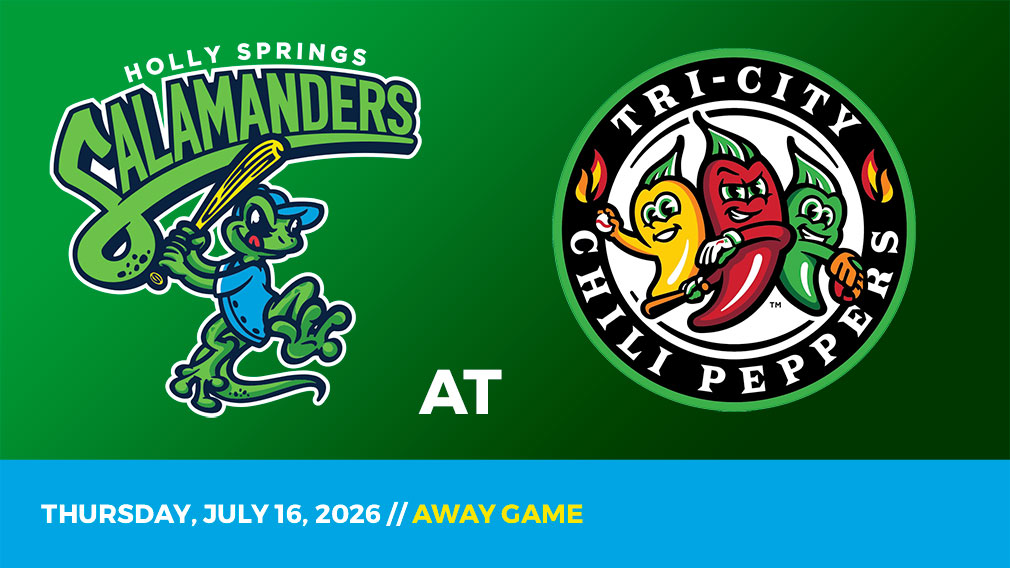 Graphic showing Holly Springs Salamanders and Tri-Cities Chili Peppers logos over green gradient and blue bottom border with game date and location