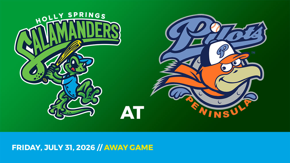 Graphic showing Holly Springs Salamanders and Peninsula Pilots logos over blue gradient and green bottom border with game date and location