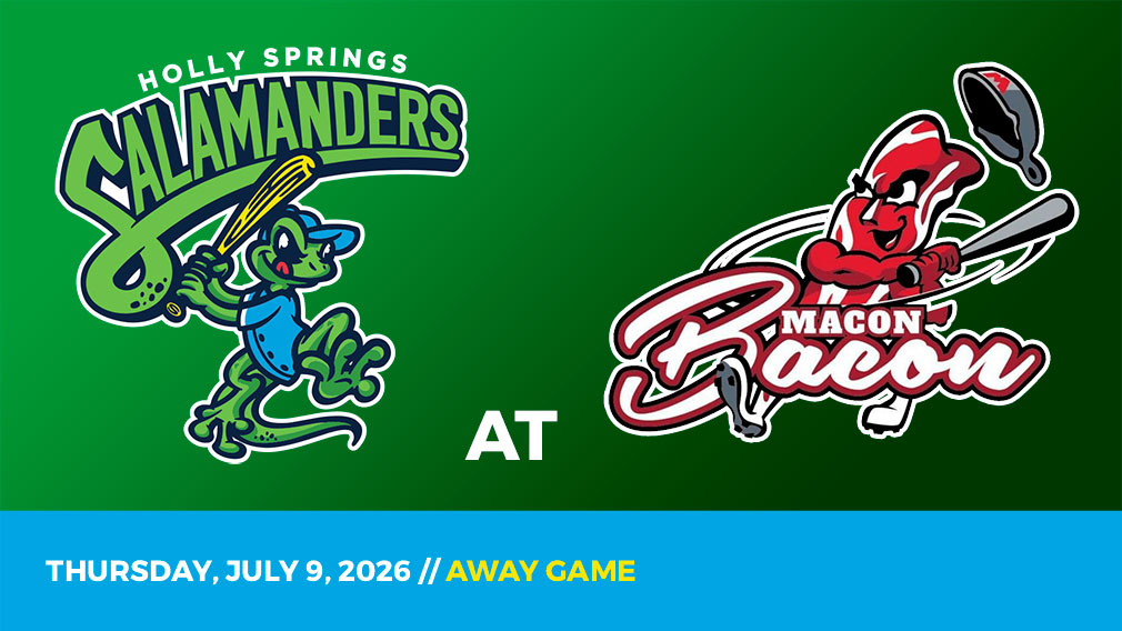 Graphic showing Holly Springs Salamanders and Macon Bacon logos over green gradient and blue bottom border with game date and location