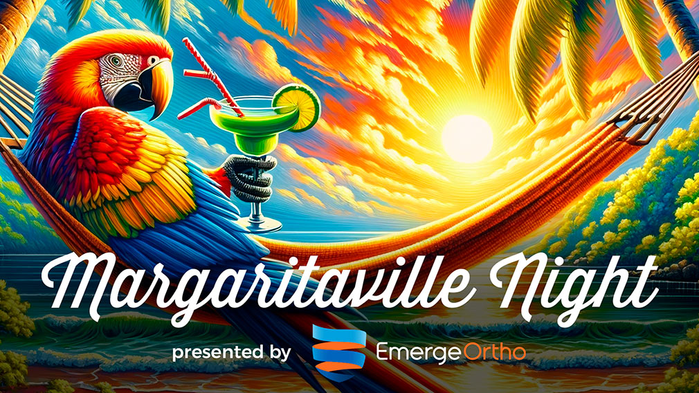 Graphic showing illustration of a parrot drinking a margarita in a hammock on a tropical beach with overlaying white script type and Emerge Ortho logo