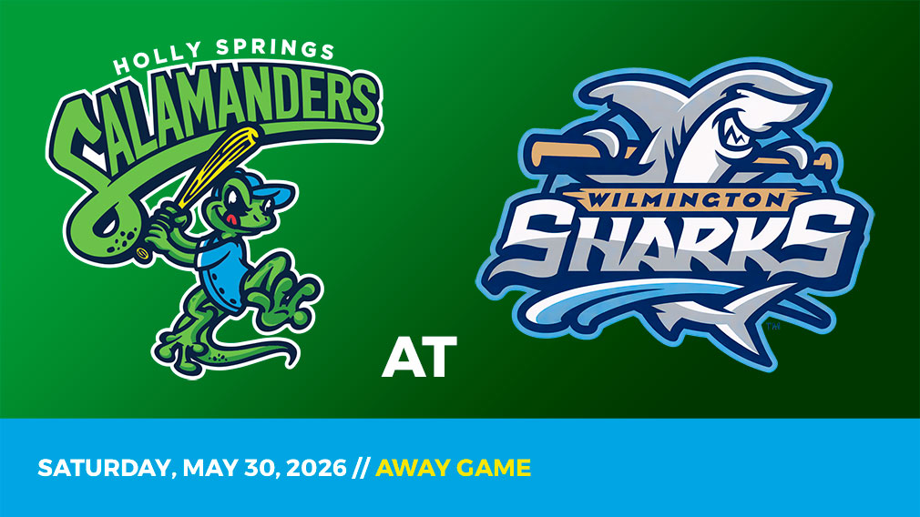 Graphic showing Holly Springs Salamanders and Wilmington Sharks logos over green gradient and blue bottom border with game date and location