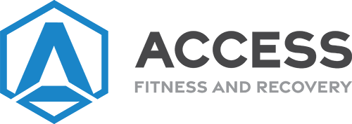 Access Fitness and Recovery Logo - Dark gray and black sans-serif type with stylized blue A to left