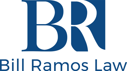 Bill Ramos Law Logo - Blue serif type over blue sans-serif type