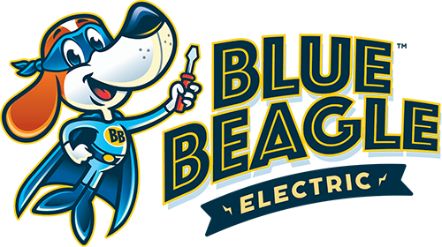 Blue Beagle Electric Logo - Illustration of a beagle with blue and yellow sans-serif type