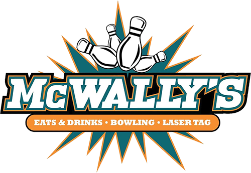 McWallys Logo - White serif type with teal and orange outline and illustrated bowling pins above with teal and orange burst in background